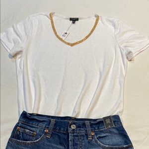 Talbots White V-Neck Top with Gold Trim, PM, NWT